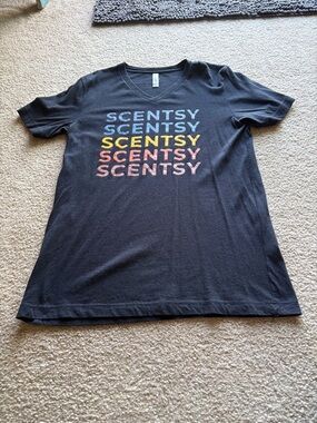 Scentsy Black V-Neck Tee with Blue, Yellow & Pink Logo Rows
